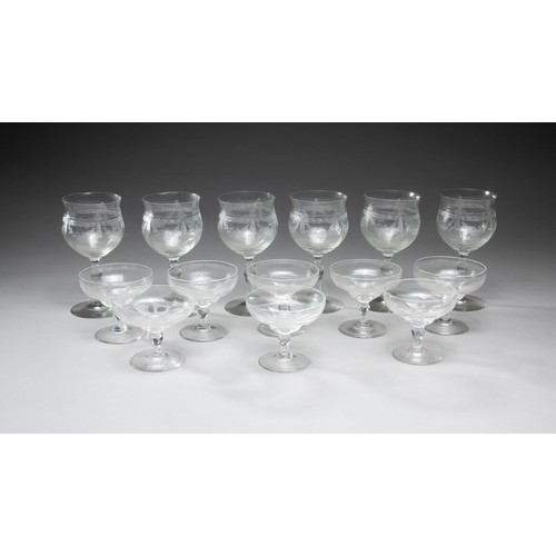 696 - SIX ETCHED WINE GLASSES AND EIGHT CHAMPAGNE GLASSES