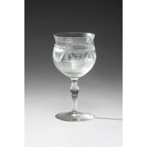 696 - SIX ETCHED WINE GLASSES AND EIGHT CHAMPAGNE GLASSES