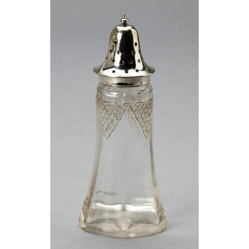 166 - A GLASS AND SILVERPLATE MOUNTED SUGAR CASTER, HENRY WILKINSON AND CO LTD