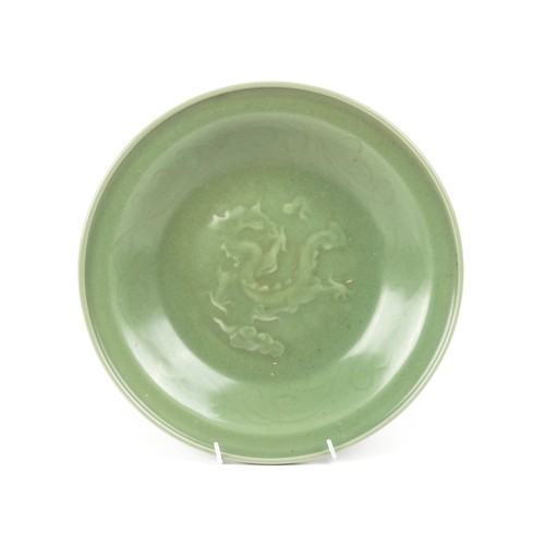 830 - A CHINESE CELADON DRAGON DISH, MING DYNASTY