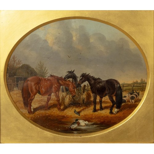 1318 - Unattributed Artist (European School 19th Century) HORSES EATING HAY IN THE FARMYARD