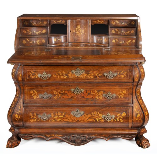 318 - A DUTCH MARQUETRY BOMBÉ BUREAU, LATE 18TH CENTURY