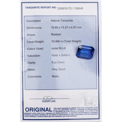 200 - AN EGL CERTIFIED TANZANITE, 19.96 CARATS