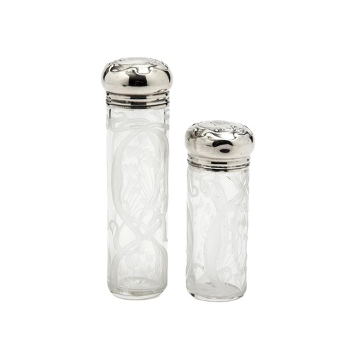 987 - TWO SILVER TOPPED GLASS PERFUME BOTTLES, CHARLES HENRY DUMENIL, LONDON, 1902,