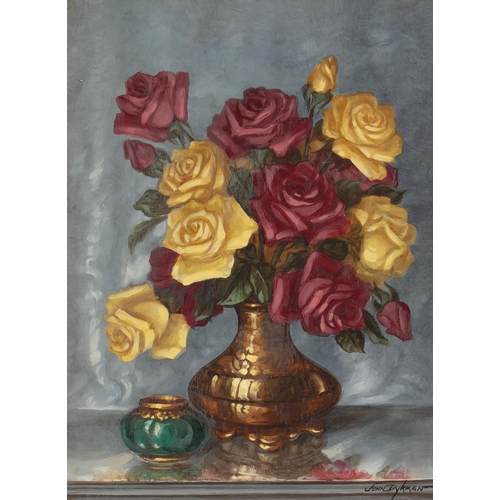 656 - John Frederick Dykman (South African 1897 - 1974) STILL LIFE OF ROSES IN A BRASS VASE