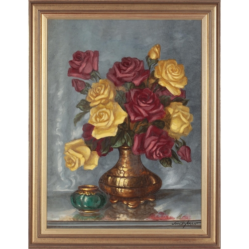 656 - John Frederick Dykman (South African 1897 - 1974) STILL LIFE OF ROSES IN A BRASS VASE