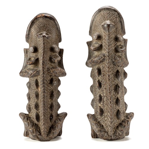 227 - TWO BAMILIEKE TERRA COTTA CROCODILE FINIALS/PIPES, CAMEROON