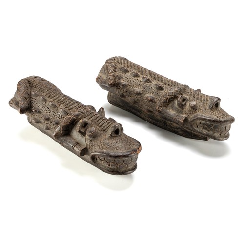 227 - TWO BAMILIEKE TERRA COTTA CROCODILE FINIALS/PIPES, CAMEROON