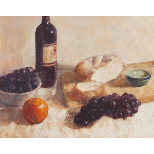 500 - Chris Ruthven (South African 20th Century) STILL LIFE WITH WINE, BREAD AND GRAPES