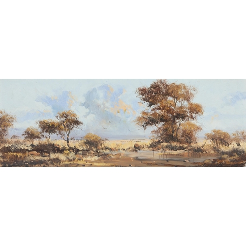 521 - Francois Badenhorst (South African 1934 - ) BUSHVELD LANDSCAPE WITH TREES AND DISTANT BIRDS