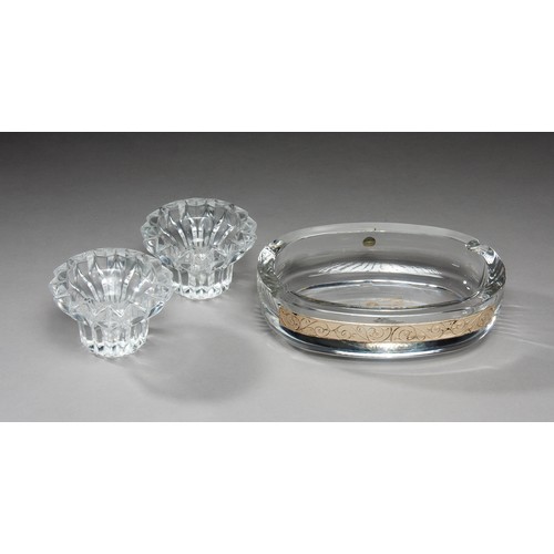 688 - A PAIR OF GLASS TEA LIGHT HOLDERS AND A GLASS ASHTRAY