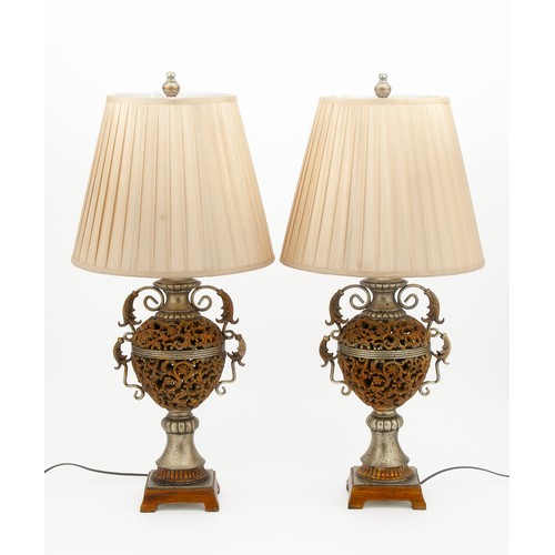 651 - A PAIR OF GILT-WOOD VASE-SHAPED TABLE LAMPS