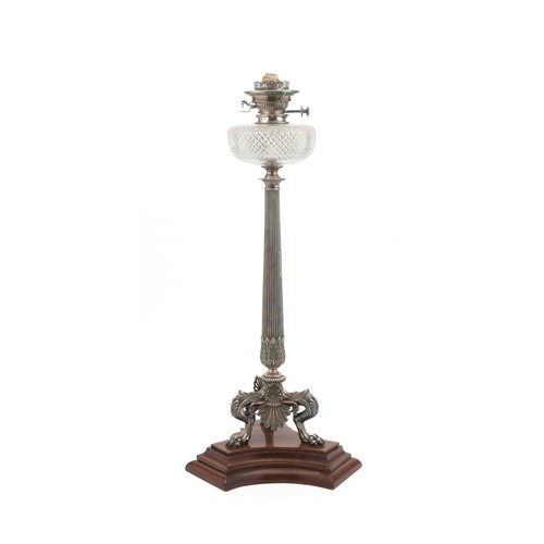 662 - A SILVERED METAL CORINTHIAN COLUMN OIL LAMP