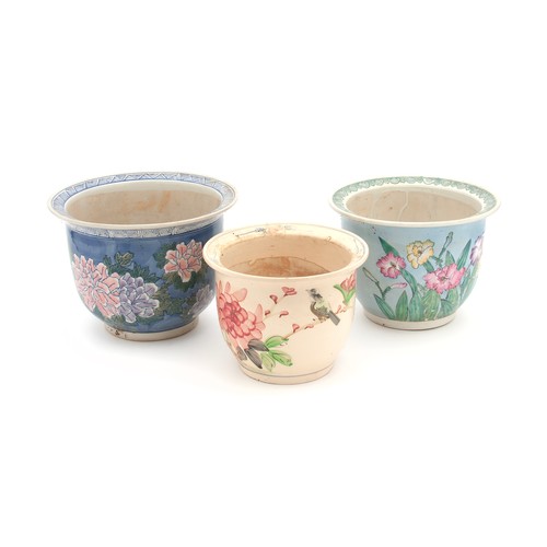 734 - A GROUP OF THREE CHINESE STYLE CERAMIC PAINTED POT PLANT HOLDERS