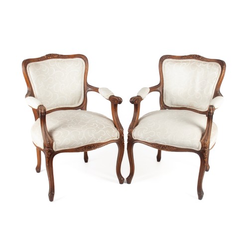 219 - A PAIR OF FRENCH-STYLE FRUITWOOD OPEN ARMCHAIRS