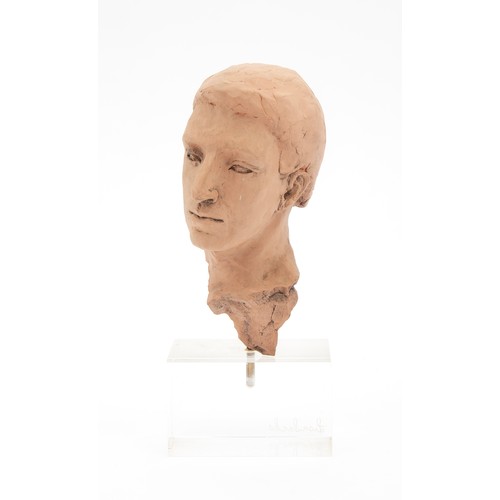 729 - A CERAMIC SCULPTURE OF A YOUNG MAN'S FACE, SIGNED LISA SACKS