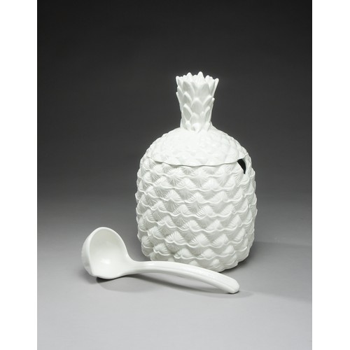 690 - A GLAZED CERAMIC PINEAPPLE PUNCH BOWL WITH LADLE