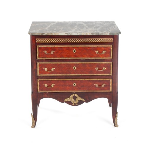 290 - A MARBLE-TOPPED PARQUETRY CHEST OF DRAWERS