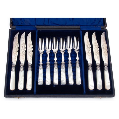 950 - A CASED ELECTROPLATED CUTLERY SET WITH MOTHER OF PEARL HANDLES