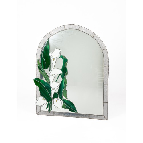 307 - A SILVERED AND STAINED-GLASS WALL MIRROR