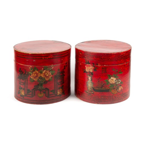 642 - A PAIR OF PAPER MACHE CHINESE ROUND BOXES