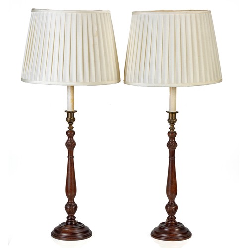 387 - A PAIR OF WOOD AND METAL BEDSIDE LAMPS