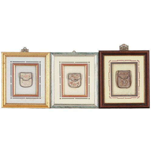 94 - A TRIO OF FRAMED HAND EMBROIDERED CHINESE SILK PURSES