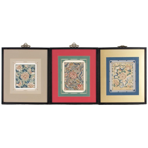 92 - A SET OF THREE FRAMED CHINESE EMBROIDERED SILKS, FRAMED