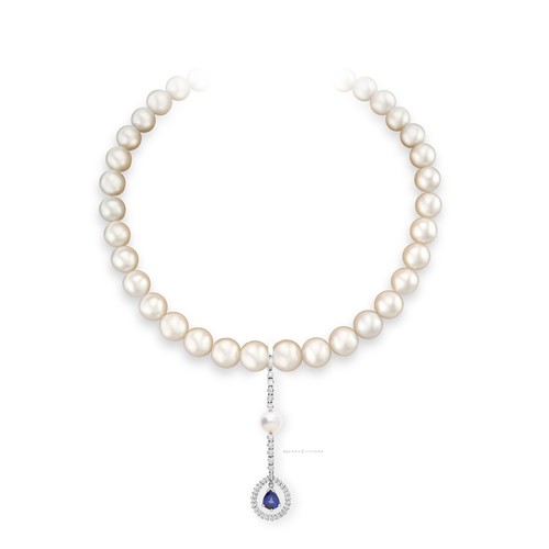 686 - A SAPPHIRE, DIAMOND AND PEARL PENDANT, JENNA CLIFFORD DESIGNS