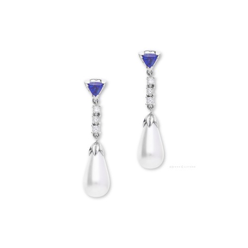 704 - A PAIR OF SAPPHIRE, PEARL AND DIAMOND EARRINGS, JENNA CLIFFORD DESIGNS