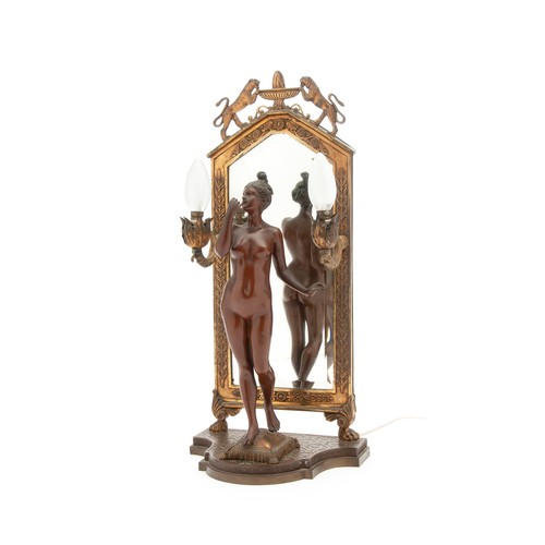 634 - A BRONZE TWO-LIGHT TABLE MIRROR, SIGNED PINEDO