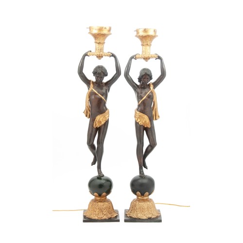 638 - A PAIR OF BRONZE BLACKAMOOR TORCHERES