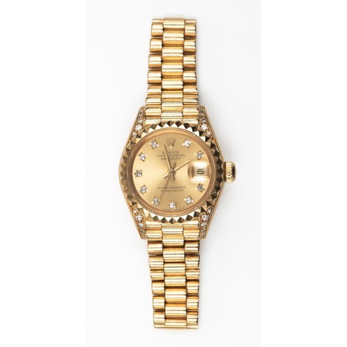 734 - A LADIES 18CT GOLD WRISTWATCH, ROLEX OYSTER PERPETUAL DATEJUST