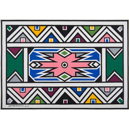 383 - Esther Mahlangu (South African 1935 - ) NDEBELE PATTERN WITH PINK, BLUE AND GREEN