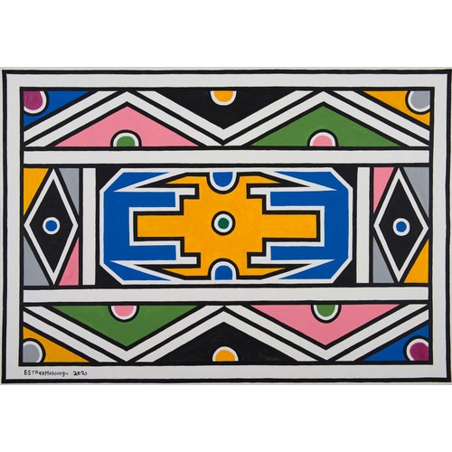 381 - Esther Mahlangu (South African 1935 - ) NDEBELE PATTERN WITH YELLOW, BLUE AND LILAC