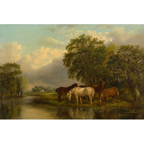 342 - Thomas Smythe (British 1825 - 1906) HORSES ALONG A RIVERBANK