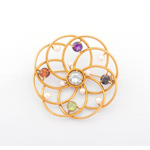 674 - A GOLD, SEED PEARL AND GEMSTONE BROOCH