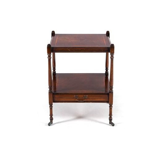 58 - A MAHOGANY AND INLAID TWO TIER SIDE TABLE, 20TH CENTURY