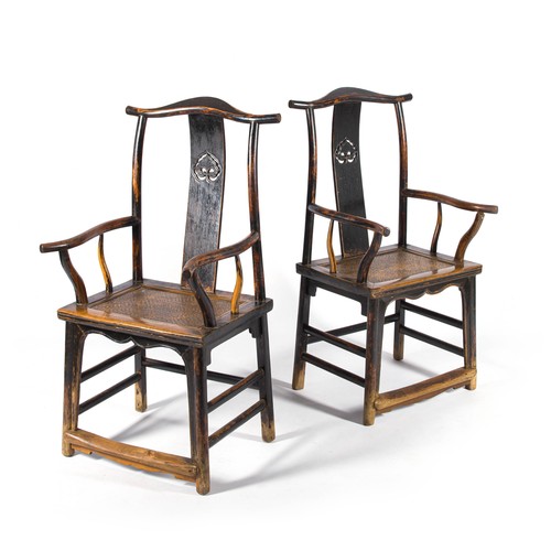 107 - A PAIR OF CHINESE YOKE BACK 'OFFICIALS HAT' ARMCHAIRS