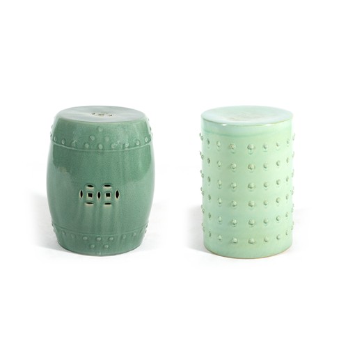 627 - TWO CELADON GARDEN STOOLS