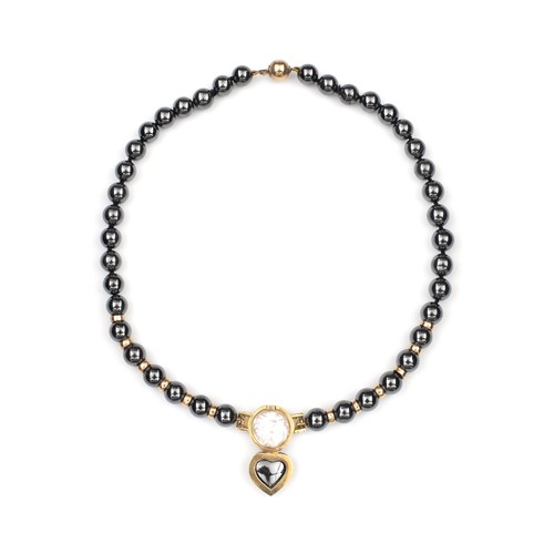 189 - A HEMATITE AND PEARL NECKLACE AND ENHANCER