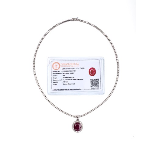 11015 - A CERTIFIED 7.03 CARAT RUBY AND 5.00 CARAT DIAMOND TENNIS NECKLACE