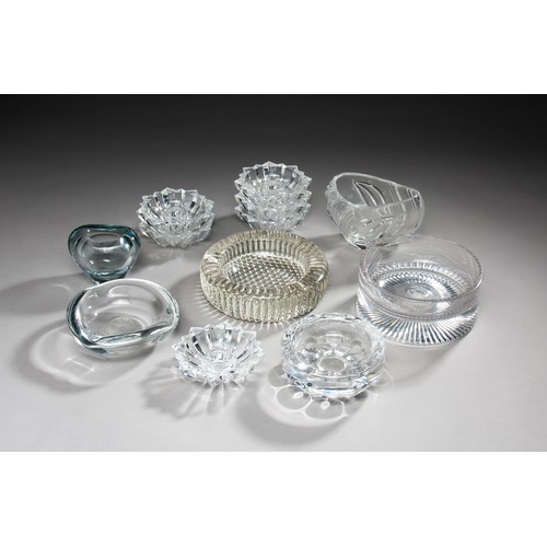 237 - FOUR GLASS ASHTRAYS, TWO SMALL BUD VASES AND SIX GLASS CANDLE HOLDERS