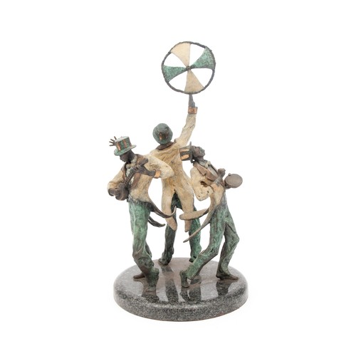 336 - THREE BRONZE DANCING MUSICIANS ON A CIRCULAR MARBLE BASE