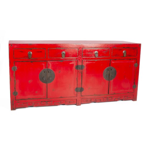 454 - A CHINESE SIMULATED RED LACQUER SIDEBOARD