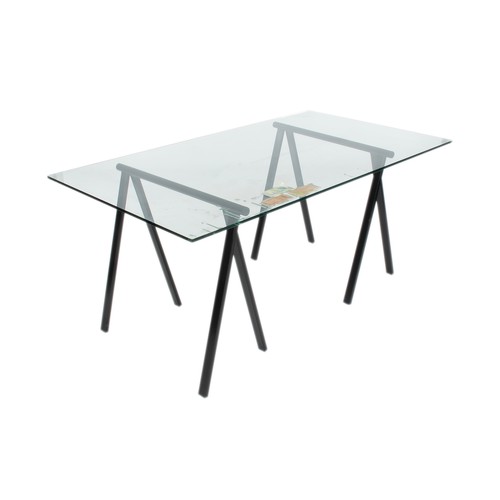 557 - A GLASS-TOPPED DINING TABLE, MODERN