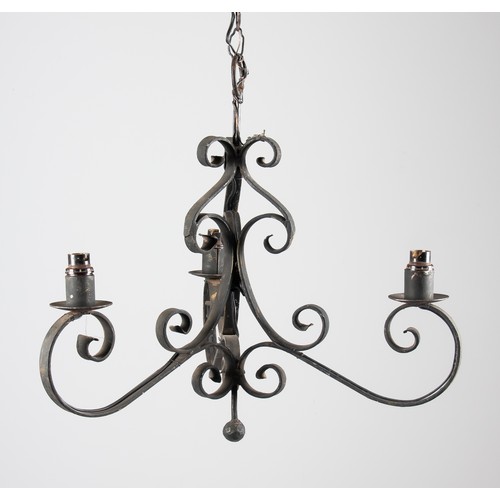 252 - A WROUGHT IRON THREE LIGHT HANGING CHANDELIER