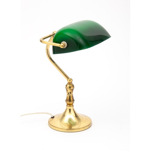 244 - A BRASS BANKERS LAMP WITH GREEN GLASS SHADE