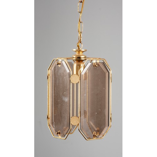 250 - A BRASS AND GLASS LANTERN- STYLE HANGING LIGHT, MODERN