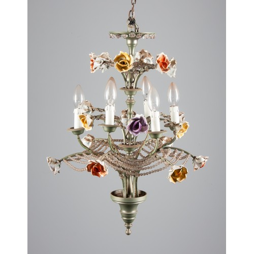 254 - A SIX LIGHT METAL HANGING CHANDELIER WITH CRYSTALS AND CERAMIC FLOWERS